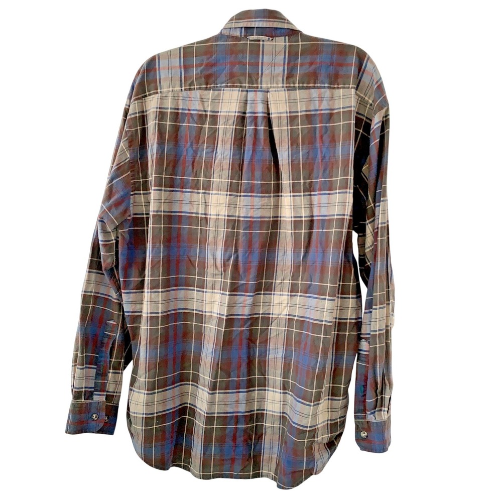 Tommy Hilfiger Mens Large Plaid Button Down Shirt Blue Brown Crest Logo Vintage - Picture 2 of 5